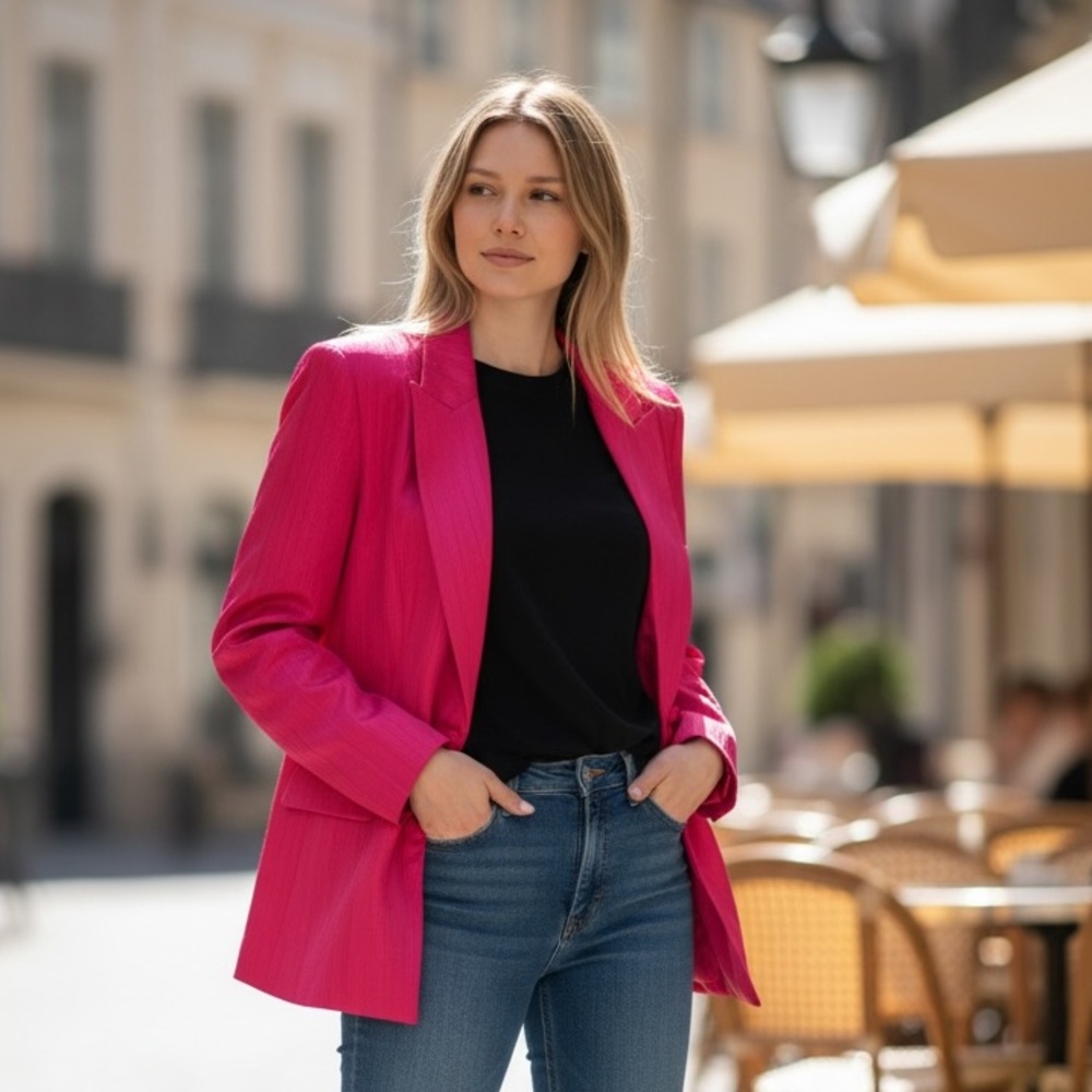 NWT ZARA Hot Pink Metallic Blazer Iridescent Pleated Power Jacket Fuchsia Blazer